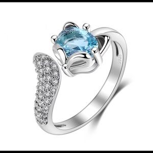 Aqua Zircon Ring Adjustable Sterling Silver Fox